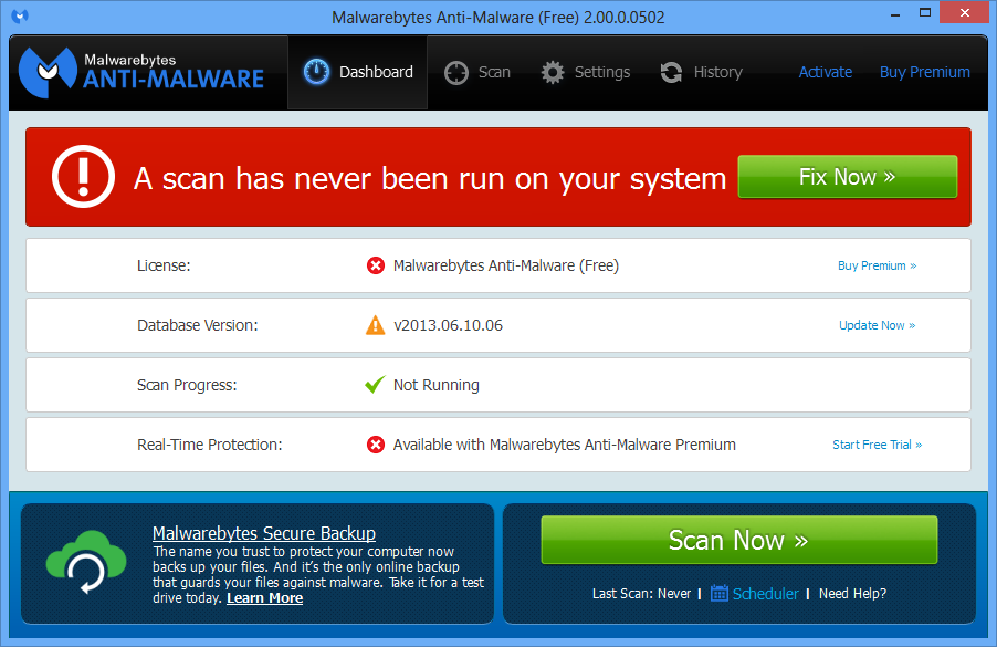 Malwarebytes Anti-Malware имеет модуль отвечающий за сканирование